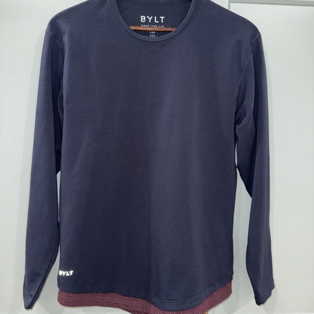 BYLT Shirt Navy Drop Cut Long Sleeve Dual Layer Lux Gym Athleisure‎ Men's Small